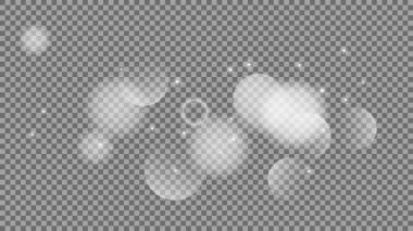 Bokeh şeffaf arkaplanda daireler çiziyor. Beyaz parlayan toz, parlayan ışıltı ve bokeh ışıkları. Vektör illüstrasyonu