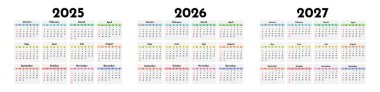 2025, 2026 ve 2027 için üç takvim seti beyaz arka planda izole edildi. Pazardan pazartesiye, iş planı. Vektör illüstrasyonu