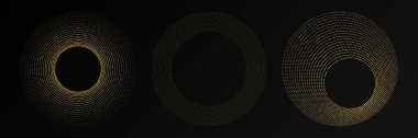 Soyut altın parlayan yarım tonlu noktalı arkaplan. Daire şeklinde üç altın parıltılı desen. Yarım ton noktalarını çember yapın. Vektör illüstrasyonu