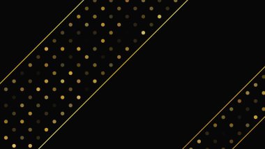 Soyut altın çizgileri ve parlak noktaları olan gösterişli, koyu bir arka plan. Işıldayan pırıltılı arkaplan. Modern şablonlar için şık ve zarif bir tasarım. Vektör illüstrasyonu