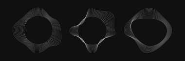 Dinamik dalgalı çizgili üç yuvarlak çerçeve seti. Siyah arka planda beyaz dalgalı daireler koleksiyonu. Tasarım elemanı. Vektör illüstrasyonu