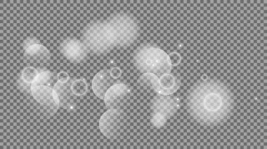 Bokeh şeffaf arkaplanda daireler çiziyor. Beyaz parlayan toz, parlayan ışıltı ve bokeh ışıkları. Vektör illüstrasyonu