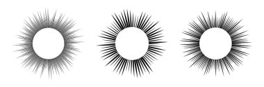 Üç güneş sembolü seti. Beyaz arka planda siyah güneş ışınları. Vektör illüstrasyonu
