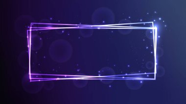 Parlak efektleri ve mor arka planda parıltıları olan neon dikdörtgen çerçeve. Boş parlayan tekno fon. Vektör illüstrasyonu