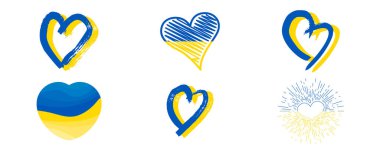 Ukrayna renginde kalpler. Beyaz arka planda farklı sarı ve mavi kalpler. Vektör illüstrasyonu