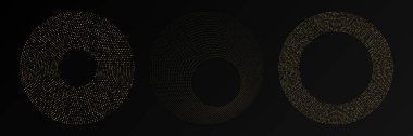Soyut altın parlayan yarım tonlu noktalı arkaplan. Daire şeklinde üç altın parıltılı desen. Yarım ton noktalarını çember yapın. Vektör illüstrasyonu