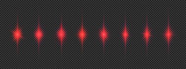 Lens fişeklerinin ışık etkisi. Gri şeffaf arkaplanda parıldayan sekiz kırmızı ışık patlaması efekti. Vektör illüstrasyonu