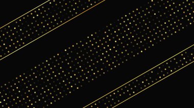 Soyut altın çizgileri ve parlak noktaları olan gösterişli, koyu bir arka plan. Işıldayan pırıltılı arkaplan. Modern şablonlar için şık ve zarif bir tasarım. Vektör illüstrasyonu