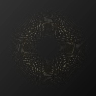 Soyut altın parlayan yarım tonlu noktalı arkaplan. Daire şeklinde altın parıltı deseni. Yarım ton noktalarını çember yapın. Vektör illüstrasyonu