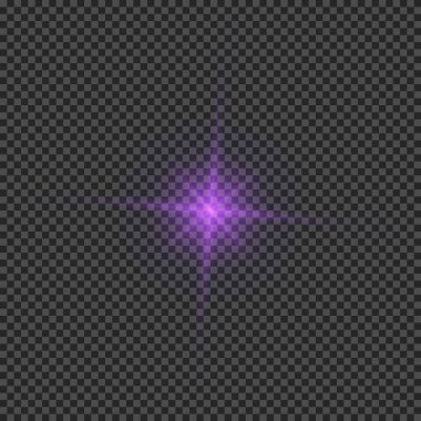 Lens fişeklerinin ışık etkisi. Mor parlak ışık efektleri ve şeffaf bir arka planda parıltılar. Vektör illüstrasyonu