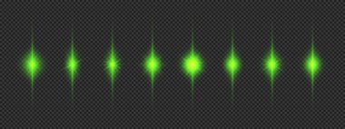 Lens fişeklerinin ışık etkisi. Gri şeffaf arkaplanda parıldayan sekiz yeşil ışık patlaması efekti. Vektör illüstrasyonu