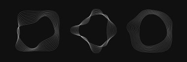 Dinamik dalgalı çizgili üç yuvarlak çerçeve seti. Siyah arka planda beyaz dalgalı daireler koleksiyonu. Tasarım elemanı. Vektör illüstrasyonu