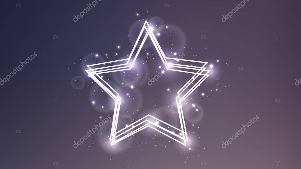 Neon frame in star form with shining effects and sparkles on dark background. Empty glowing techno backdrop. Vector illustration