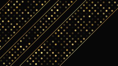 Soyut altın çizgileri ve parlak noktaları olan gösterişli, koyu bir arka plan. Işıldayan pırıltılı arkaplan. Modern şablonlar için şık ve zarif bir tasarım. Vektör illüstrasyonu