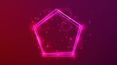 Pentagon formunda neon çerçeve, parlak efektler ve kırmızı arka planda parıltılar. Boş parlayan tekno fon. Vektör illüstrasyonu