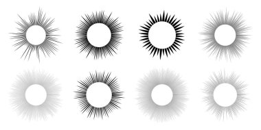 Sekiz güneş sembolü seti. Beyaz arka planda siyah güneş ışınları. Vektör illüstrasyonu