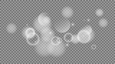 Bokeh şeffaf arkaplanda daireler çiziyor. Beyaz parlayan toz, parlayan ışıltı ve bokeh ışıkları. Vektör illüstrasyonu