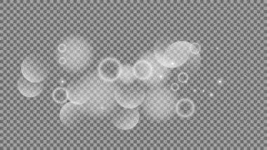 Bokeh şeffaf arkaplanda daireler çiziyor. Beyaz parlayan toz, parlayan ışıltı ve bokeh ışıkları. Vektör illüstrasyonu