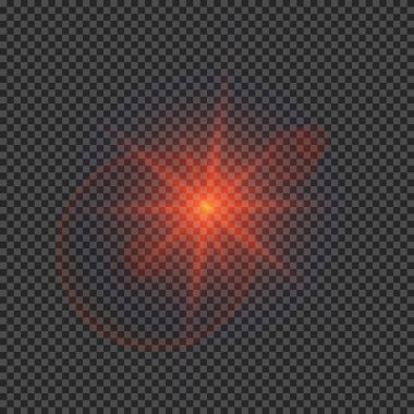 Lens fişeklerinin ışık etkisi. Şeffaf bir arka planda parıldayan kırmızı ışıklar yıldız patlaması efektleri. Vektör illüstrasyonu