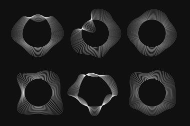 Dinamik dalgalı çizgili altı yuvarlak çerçeve seti. Siyah arka planda beyaz dalgalı daireler koleksiyonu. Tasarım elemanı. Vektör illüstrasyonu