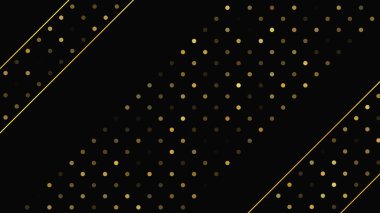 Soyut altın çizgileri ve parlak noktaları olan gösterişli, koyu bir arka plan. Işıldayan pırıltılı arkaplan. Modern şablonlar için şık ve zarif bir tasarım. Vektör illüstrasyonu