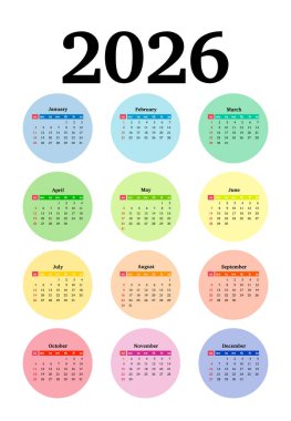 2026 takvimi beyaz arka planda izole edildi. Pazardan pazartesiye, iş planı. Vektör illüstrasyonu