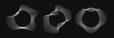 Dinamik dalgalı çizgili üç yuvarlak çerçeve seti. Siyah arka planda beyaz dalgalı daireler koleksiyonu. Tasarım elemanı. Vektör illüstrasyonu