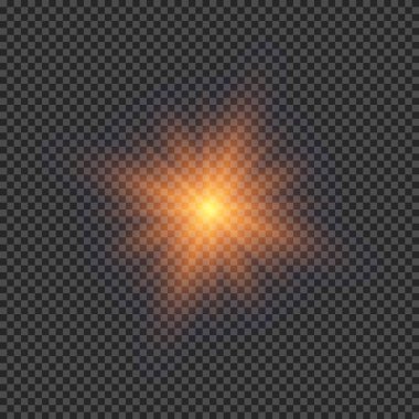 Lens fişeklerinin ışık etkisi. Şeffaf arkaplanda parıldayan turuncu ışıklar yıldız patlaması efektleri. Vektör illüstrasyonu