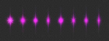 Lens fişeklerinin ışık etkisi. Gri şeffaf arkaplanda parıldayan sekiz mor parlak yıldız patlaması efekti. Vektör illüstrasyonu