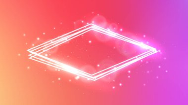 Parlak efektli ve kırmızı arka planda parıldayan neon eşkenar dörtgen çerçeve. Boş parlayan tekno fon. Vektör illüstrasyonu