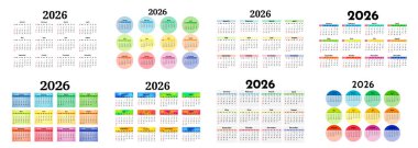 2026 için sekiz takvim seti beyaz arka planda izole edildi. Pazardan pazartesiye, iş planı. Vektör illüstrasyonu