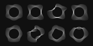 Dinamik dalgalı çizgili sekiz yuvarlak çerçeve seti. Siyah arka planda beyaz dalgalı daireler koleksiyonu. Tasarım elemanı. Vektör illüstrasyonu
