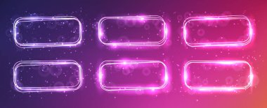 Parlak efektleri ve mor arka planda parıltıları olan neon yuvarlak dikdörtgen çerçeveler. Boş parlayan tekno fon. Vektör illüstrasyonu