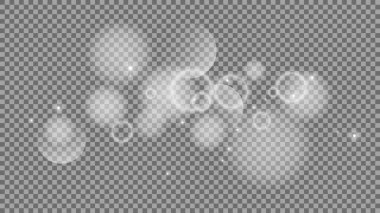 Bokeh şeffaf arkaplanda daireler çiziyor. Beyaz parlayan toz, parlayan ışıltı ve bokeh ışıkları. Vektör illüstrasyonu