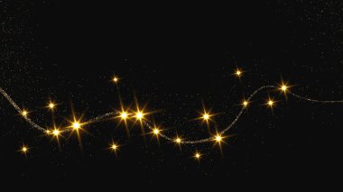 Altın parıldayan konfeti dalgası ve yıldız tozu. Koyu arkaplanda altın sihirli parıltılarla arka plan. Vektör illüstrasyonu