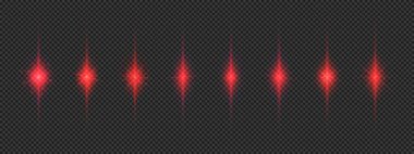 Lens fişeklerinin ışık etkisi. Gri şeffaf arkaplanda parıldayan sekiz kırmızı ışık patlaması efekti. Vektör illüstrasyonu