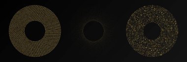 Soyut altın parlayan yarım tonlu noktalı arkaplan. Daire şeklinde üç altın parıltılı desen. Yarım ton noktalarını çember yapın. Vektör illüstrasyonu