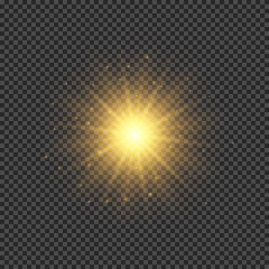 Lens fişeklerinin ışık etkisi. Şeffaf arkaplanda parıldayan turuncu ışıklar yıldız patlaması efektleri. Vektör illüstrasyonu