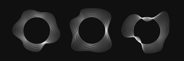 Dinamik dalgalı çizgili üç yuvarlak çerçeve seti. Siyah arka planda beyaz dalgalı daireler koleksiyonu. Tasarım elemanı. Vektör illüstrasyonu