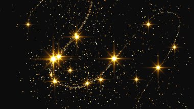 Altın parıldayan konfeti dalgası ve yıldız tozu. Koyu arkaplanda altın sihirli parıltılarla arka plan. Vektör illüstrasyonu