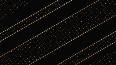Soyut altın çizgileri ve parlak noktaları olan gösterişli, koyu bir arka plan. Işıldayan pırıltılı arkaplan. Modern şablonlar için şık ve zarif bir tasarım. Vektör illüstrasyonu