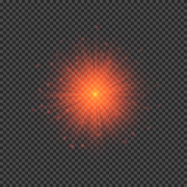 Lens fişeklerinin ışık etkisi. Şeffaf bir arka planda parıldayan kırmızı ışıklar yıldız patlaması efektleri. Vektör illüstrasyonu