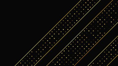 Soyut altın çizgileri ve parlak noktaları olan gösterişli, koyu bir arka plan. Işıldayan pırıltılı arkaplan. Modern şablonlar için şık ve zarif bir tasarım. Vektör illüstrasyonu