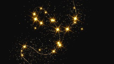 Altın parıldayan konfeti dalgası ve yıldız tozu. Koyu arkaplanda altın sihirli parıltılarla arka plan. Vektör illüstrasyonu