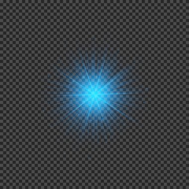 Lens fişeklerinin ışık etkisi. Şeffaf bir arka planda parıldayan mavi ışıklar yıldız patlaması efektleri. Vektör illüstrasyonu