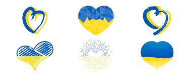 Ukrayna renginde kalpler. Beyaz arka planda farklı sarı ve mavi kalpler. Vektör illüstrasyonu