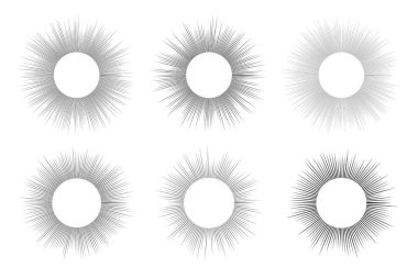 Altı güneş sembolü seti. Beyaz arka planda siyah güneş ışınları. Vektör illüstrasyonu
