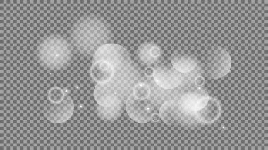 Bokeh şeffaf arkaplanda daireler çiziyor. Beyaz parlayan toz, parlayan ışıltı ve bokeh ışıkları. Vektör illüstrasyonu