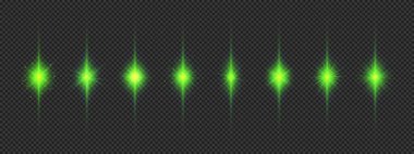 Lens fişeklerinin ışık etkisi. Gri şeffaf arkaplanda parıldayan sekiz yeşil ışık patlaması efekti. Vektör illüstrasyonu