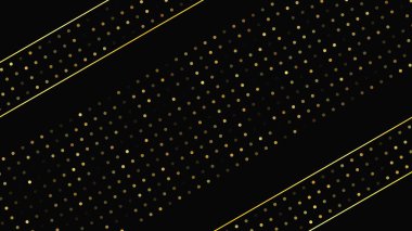 Soyut altın çizgileri ve parlak noktaları olan gösterişli, koyu bir arka plan. Işıldayan pırıltılı arkaplan. Modern şablonlar için şık ve zarif bir tasarım. Vektör illüstrasyonu